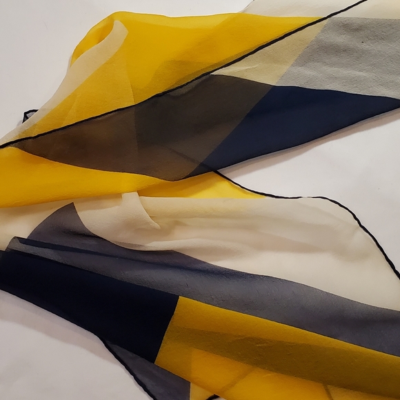Semi-transparent White Navy and Yellow Chevron Print Vintage Silk Scarf - Picture 13 of 15